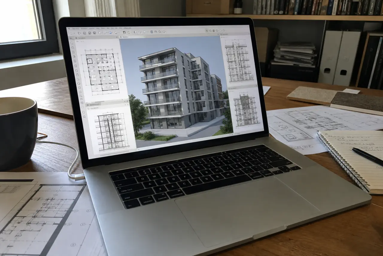 MacBook Pro posé sur un bureau d'architecte avec Archicad ouvert sur une maquette BIM d'immeuble