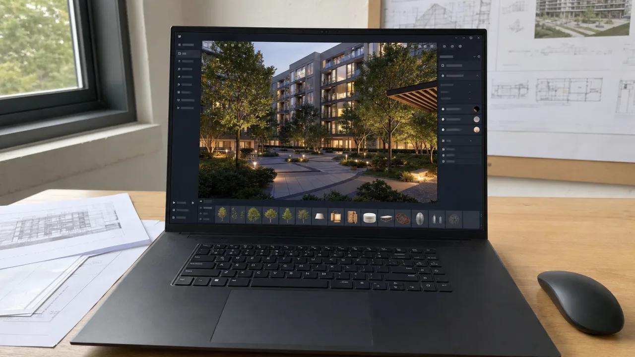 PC portable Windows avec D5 Render ouvert sur une cour résidentielle arborée en rendu temps réel