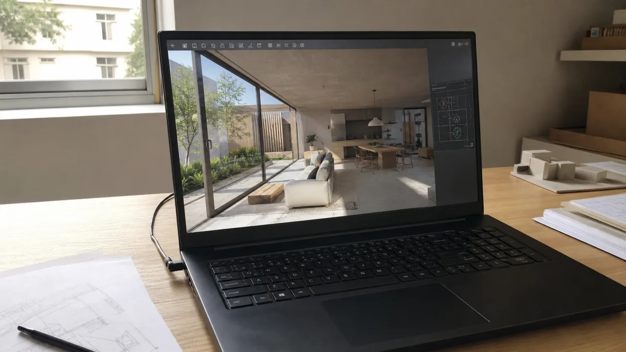 PC portable Windows avec Enscape ouvert sur le rendu temps réel d'un intérieur donnant sur une cour plantée