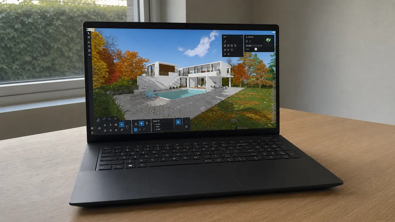 PC portable Windows avec Lumion ouvert sur un rendu de maison avec jardin
