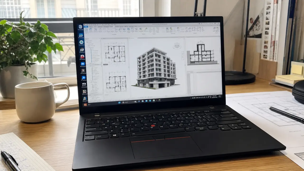PC portable Windows posé sur un bureau avec Revit ouvert sur une maquette BIM d'immeuble