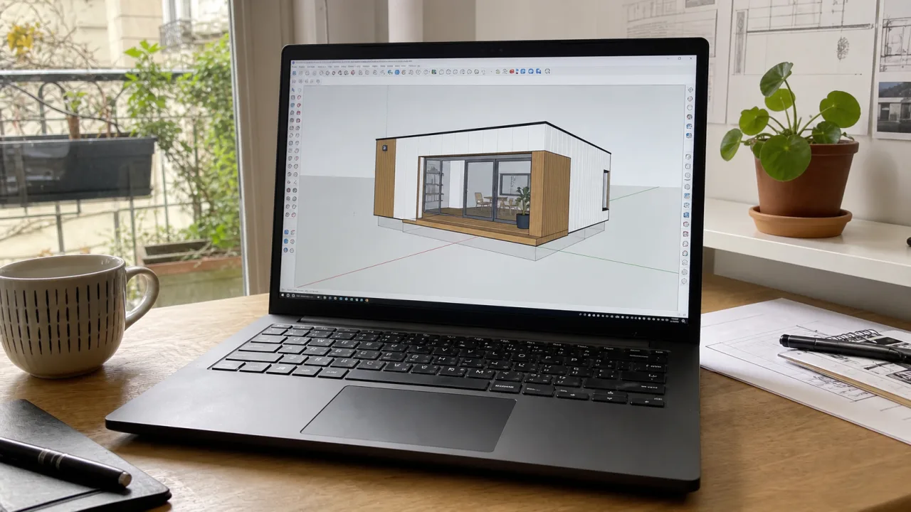 PC portable sur un bureau avec une maquette 3D de maison ouverte dans SketchUp