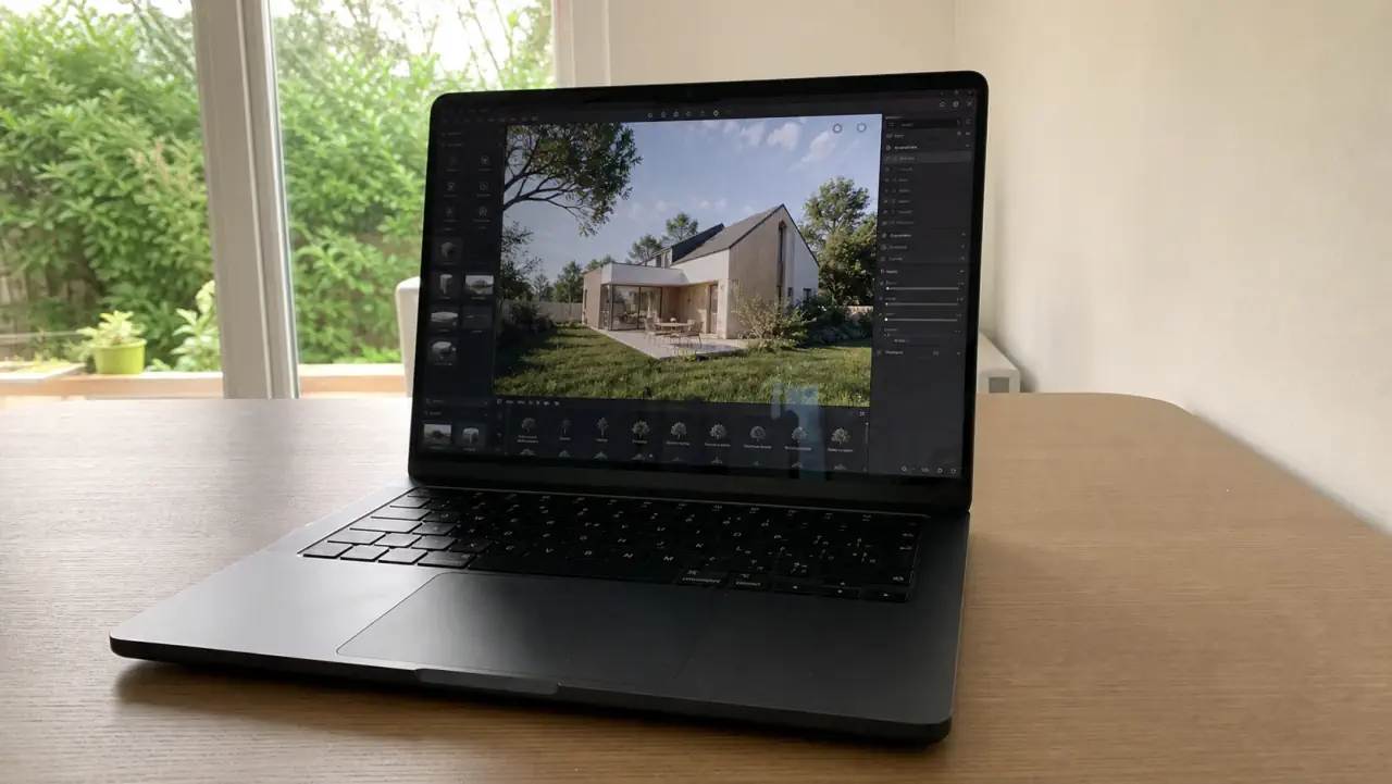 PC portable avec Twinmotion ouvert sur un projet de maison d'habitation